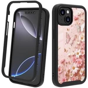POCOOA Compatible with iPhone 14 / iPhone 13 Case – Rugged Full-Body Protective Cover for Women Girls Dual Layer Shockproof Bumper, Heavy-Duty Phone Case - Pink Butterfly Flower Floral 009