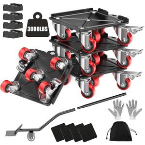 LOYAL TIGER Heavy Duty 3000LBS Furniture Dolly & Movers with 5 Wheels & Brake - 360 Rotating Moving Dolly for Furniture, Piano, Appliances - 6.3 Inch Non-Slip Sliders, Red