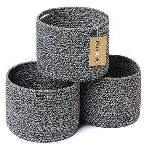 MiniArk Small Basket for Organizing | Cube Shelf Closet Storage Baskets | 9.7×9.7×7.1” | Woven Rope Gift Basket | Nursery | Round 3 Packs Dark Gray