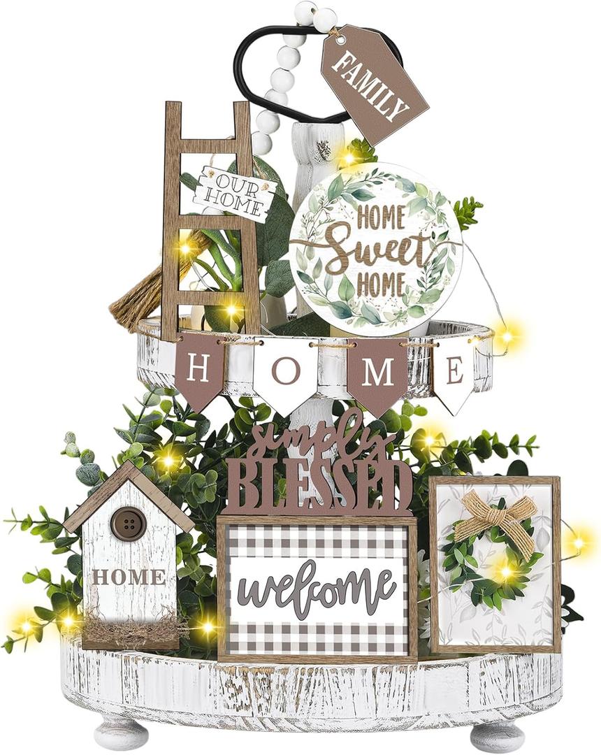 Set of 11 Summer Farmhouse Tiered Tray Decor Rustic Home Tiered Tray Decorations Set Wooden Signs Home This is Us Farmhouse Tabletop Wood Signs for Kitchen Table Shelf Decor