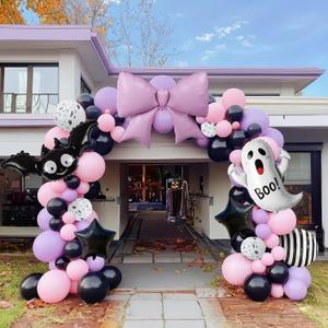 Halloween Little Boo Balloon Arch Kit Pink Purple Balloons with Cute Ghost Balloons Little Boo star bow balloons for Baby Shower Birthday Party Halloween Party Decoration