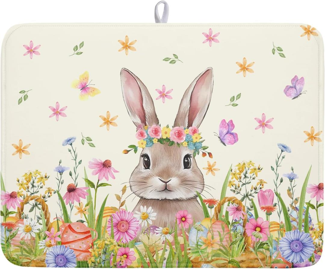 Easter Egg Bunny Dish Drying Mat for Kitchen Counter Spring Floral Flower Drying Mats 18x24 Inch Spring Easter Absorbent Dish Pad Spring Summer Holiday Reversible Draining Racks Mat for Countertop