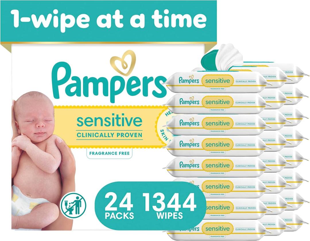 Pampers Sensitive Baby Wipes, Clinically Proven, Fragrance Free, Unscented, Water Based, Hypoallergenic, Multi-Use, 1344 Wipes Total