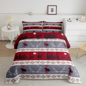 Jejeloiu Bear Comforter Set Kids Antlers Geometric Comforter for Boys Teens Western Farmhouse Bedding Set Breathable Natural Wild Animal Red Duvet Set Twin Size Quilt Set (Multi 25)