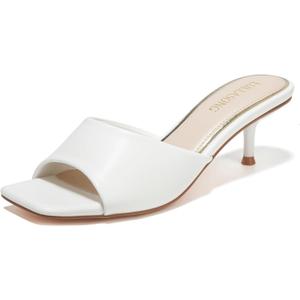 Women's Kitten Heels Sandals Low Heels Slip On Slides 2 Inch Heeled Square Open Toe Sandals for Women (6.5, White)