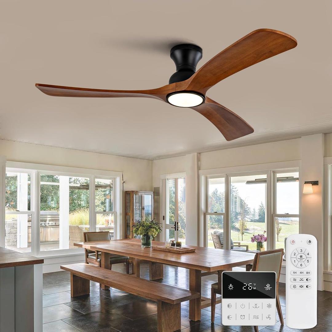 52 inch Flush Mount Ceiling Fans with Lights,Remote Control,Wall Switch,Solid Wood Blades,Dimmable,Reversible,Noiseless,Power Off Memory Low Profile Ceiling Fan Indoor/Outdoor for Bedroom Patios