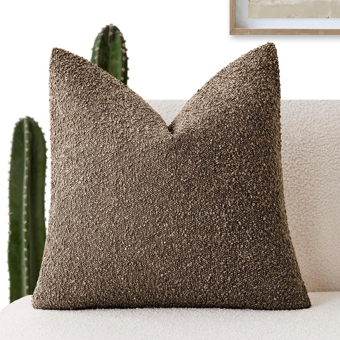 Foindtower Decorative Textured Boucle Throw Pillow Covers Accent Solid Pillow Cases Neutral Soft Cozy Couch Cushion Case for Chair Sofa Bedroom Living Room Home Decor 24x24 Inch, 1PC, Light Brown
