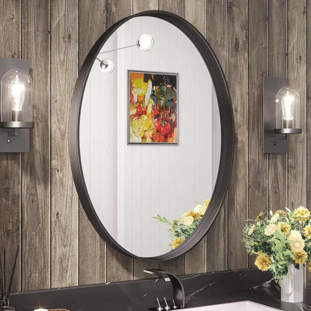 TETOTE Black Oval Mirror for Bathroom, 22 x 30 Matte Black Framed Oval Wall Mirror for Vanity, Modern Decorative Shatterproof Mirrors for Entryway, Living Room, Bedroom