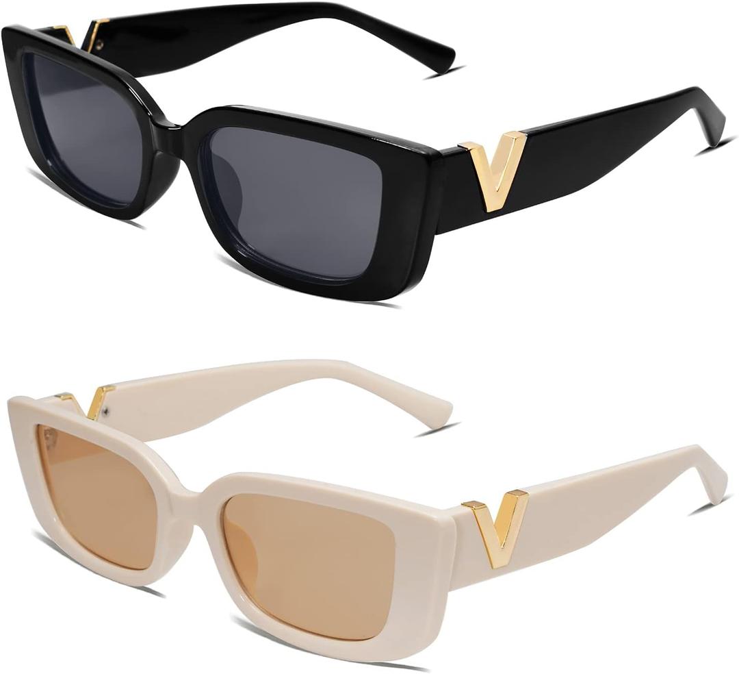 Allarallvr Rectangle Sunglasses for Women 90s Retro Trendy Y2K Classical Vintage Square Shades AR82037 (B1 Black+beige)