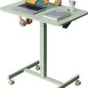 Mobile Standing Desk, 28 inch Rolling Laptop Cart Adjustable Height with Cup Holder, Portable Table with 4 Lockable Wheels, Green Computer Workstation with Hook and Slots for Home Office