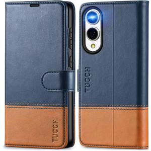 TUCCH Case Wallet for Galaxy S25 Edge, PU Leather Magnetic Kickstand [RFID Blocking] 4 Card Slot Folio Flip Cover with [TPU Shockproof Interior Case] Compatible with Galaxy S25 Edge 6.7", Blue & Brown