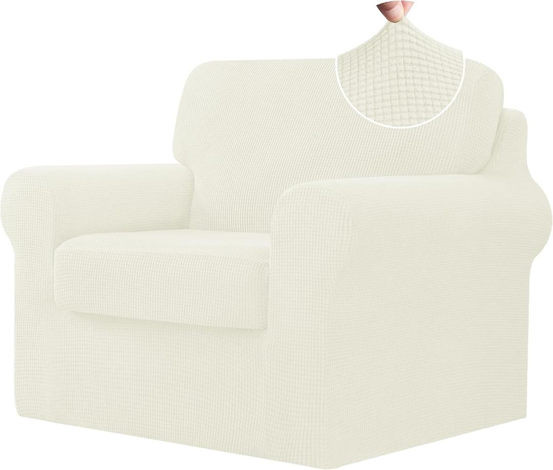 CHUN YI 3 Piece Armchair Cover, Stretch 1 Seater Couch Cover with 1 Separate Backrest and Cushion with Elastic Band, Sofa Slipcover Spandex Jacquard Fabric (Small, Ivory White)