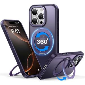 QTlier case for iPhone 16pro, 360 Rotatable Ring Stand, Raised Camera Frame, Shockproof Purple