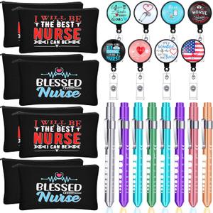 Hoolerry 24 Pcs Nurses Week Gifts Bulk 2026 Nurse Badge Reel Penlight Makeup Bags for Nurse Occupational Therapy Month Gifts Women Doctor Appreciation(Fresh Pattern)