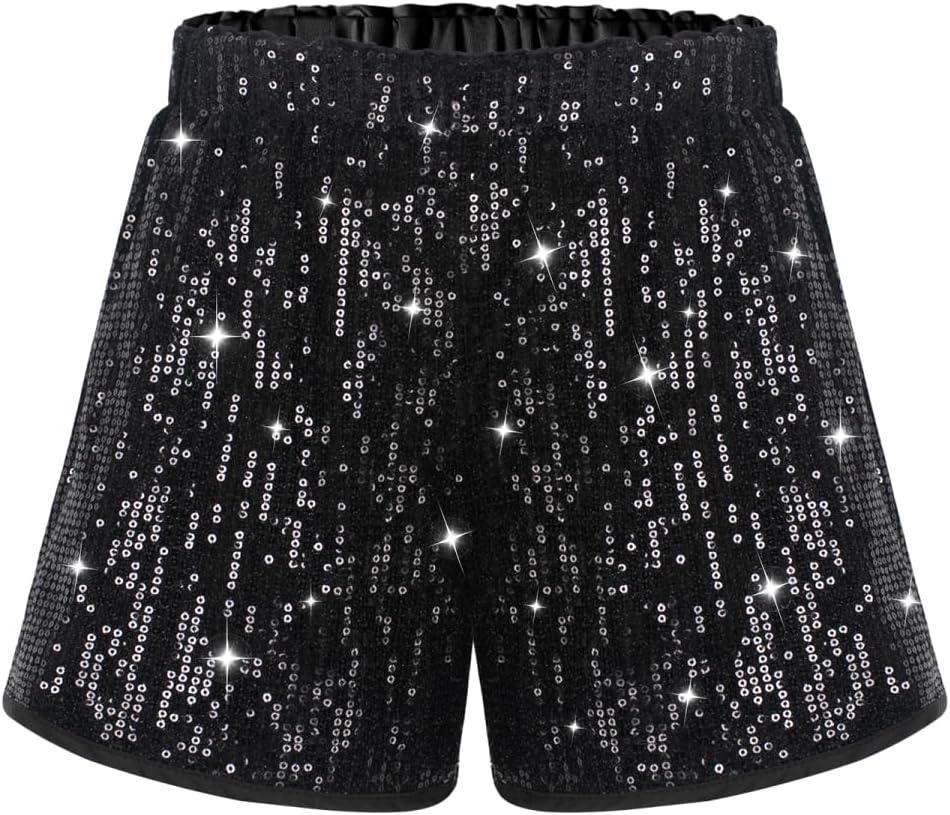WELAKEN Sparkly Sequin Shorts for Girls Kids High Waist Elastic Party Dance Shorts Black 12Y