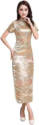 Women Cheongsam Long Dress Evening Short Sleeve Slim Fit Maxi Dress Floral Faux Silk Stand Collar Bodycon Qipao.L
