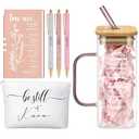 Skylety 6 Pcs Christian Gifts Set for Women Prayer Journal with Pens Makeup Bag Glass Cup Bible Study Supplies for Church Office Teacher Birthday Graduation Religious Gifts(Rose Gold) Missing Straw
