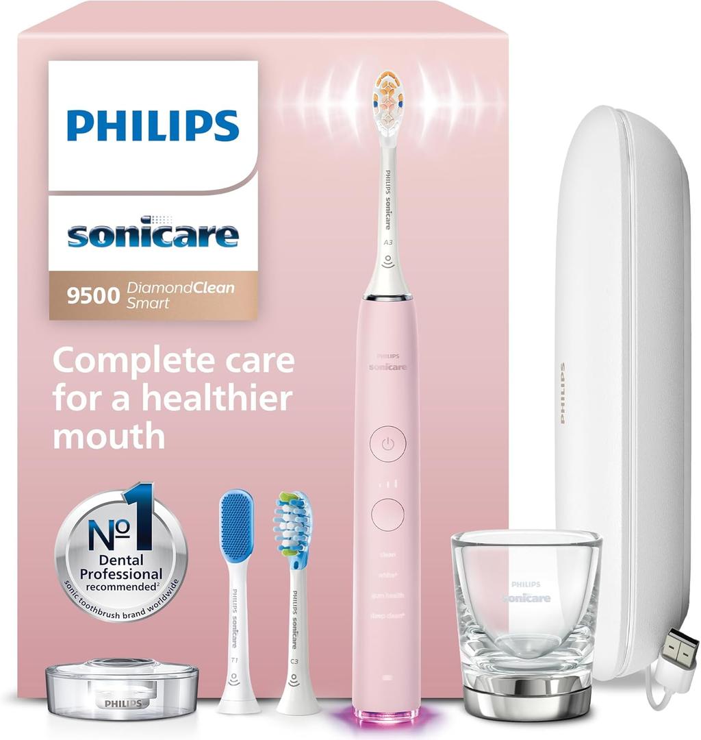 Philips Sonicare DiamondClean Smart 9500 Electric Toothbrush - Sonic Toothbrush with App, Pressure Sensor, 15 Brushing Settings, Replacement Reminder, USB Charging Travel Case, Pink, Model HX9923/21