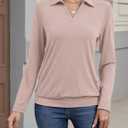 TICTICMISS Womens Polo Shirts Long Sleeve Banded Bottom Tops Business Casual Tops Collared V Neck Blouses (L)