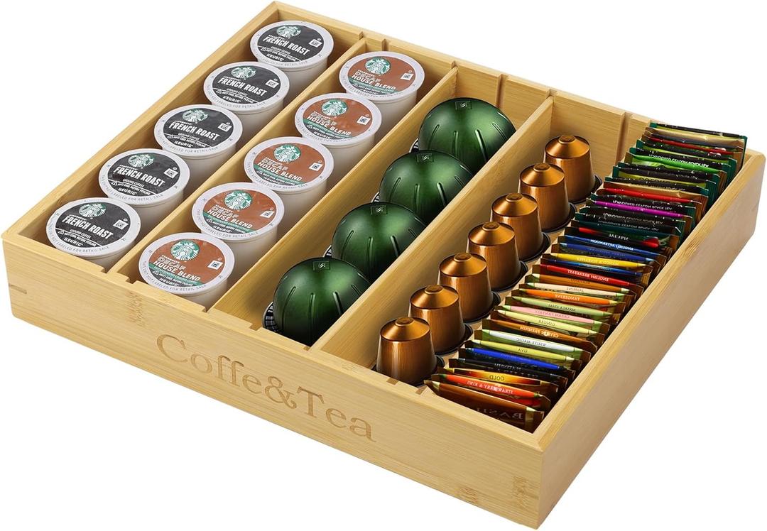 MinBoo Bamboo K Cup Holder for Drawer or Countertop Coffee Pod Holder 25-36 K Cup Pod Storage Tea Bag Organizer Storage for Coffee Station Home Office and Kitchen (Bamboo)