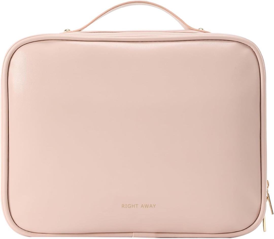RIGHT AWAY Travel Toiletry Bag for Women,Large Makeup Bag& Cases,Waterproof Cosmetic Organizer Bag with Compartments,Portable Make Up Bag for Travel Size Toiletries,Skincare,Brushes Set,Pink