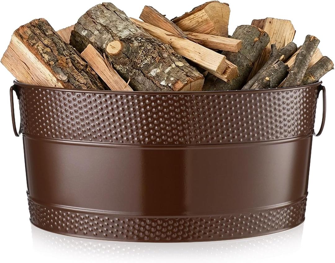 1 Pcs Firewood Log Bucket 15.8 Inch Galvanized Tub Fireplace Rack Holder with Handles, Fireplace Wood Storage Decorative Bin for Hearth Indoor Outdoor, Winter Rustic Decor (Copper)