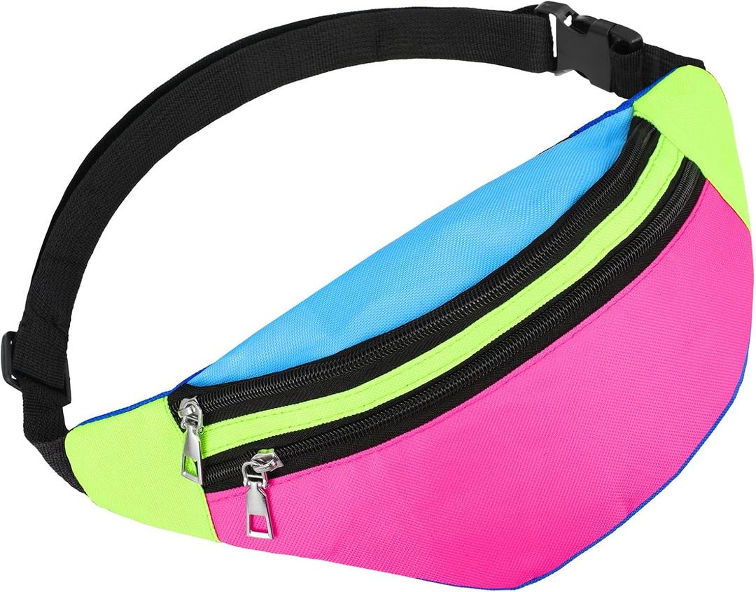 80s 90s Neon Fanny Pack for Women Adjustable Retro Two Pockets Waist Bags Lightweight Belt Waterproof Traveling Running Bags for Women Men Travel Festival Theme Party