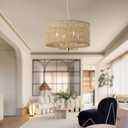 Rattan Drum Chandeliers for Dining Room, 4-Light Bohemian Hand-Woven Farmhouse Pendant Light Dining Room Light Fixture Chandelier for Entryway Living Room Kitchen Stairway Bedroom Hallway(Gold)