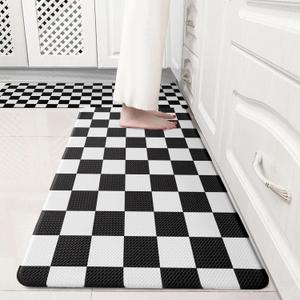 VivaNest Black Checkered Grid Checkerboard Kitchen Rug Sets [2 PCs], Anti-Fatigue, Waterproof Non-Slip Kitchen Mats Heavy Duty Ergonomic Comfort Foam Rug for Floor, Home, Laundry, 17"x29"+17"x47"