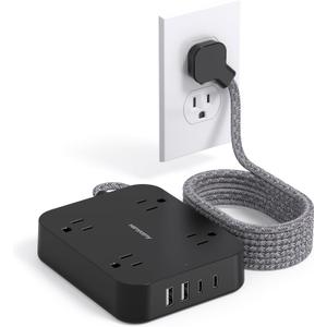 Black Flat Plug Extension Cord, HANYCONY 10ft Power Strip with 4 USB Ports(2 USB C), 4 Widely Outlets Extender, Wall Mount, Desk Charging Station for Office, School, Travel and Dorm Room Essentials