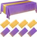 Breling 8 Pack Purple and Gold Disposable Plastic Tablecloths and Satin Table Runner Set, 54 x 108 Inch Tablecloth, 12 x 108 Inch Table Runners for Wedding Graduation Birthday Baby Shower New Year