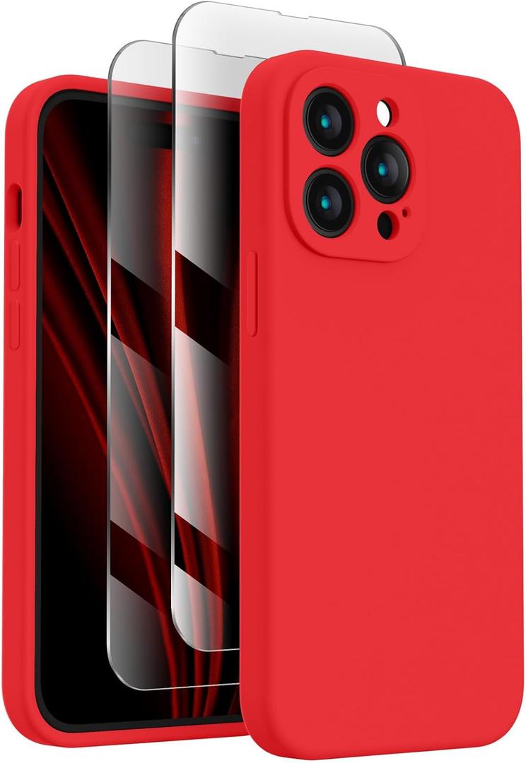 FireNova Designed for iPhone 14 Pro Max Case, Silicone Upgraded [Camera Protection] Case with [2 Screen Protectors], Soft Anti-Scratch Microfiber Lining Inside, 6.7 inch, Red
