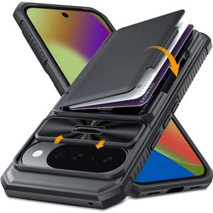 CENMASO for Google Pixel 10 Pro Case/Pixel 10 Case with Card HolderRFID Blocking& Sliding Camera Cover & Kickstand Full-Body Shockproof Wallet Phone Case for Pixel 10/10 Pro (Black)