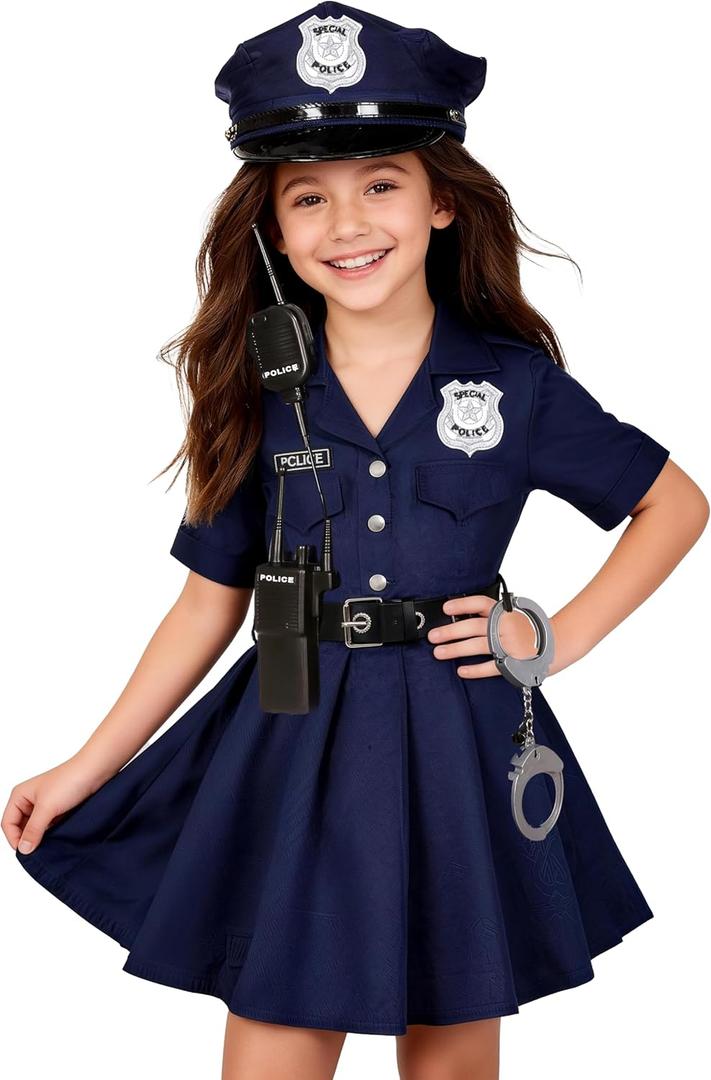 KIDIN Kids Police Officer Costume Girls Cop Outfit Toddler Police Uniform, Police Dress Up Career Day Halloween Gifts (11-12 Years) 2XL