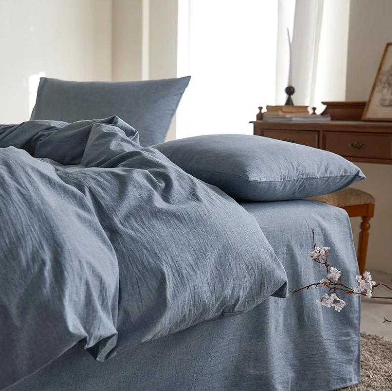 Cotton Duvet Cover , Queen Size, Chambray Denim Blue, 100% Washed Cotton, Linen Like Textured, Breathable Percale Durable Comfy Farmhouse Neutral Bedding Set, 1 Pieces