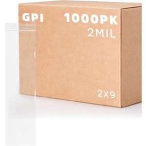 GPI - 2" x 9" Long Zip Bags, 1000 Count, 2 Mil, Clear Plastic Reclosable Zipper Poly Baggies, with Resealable Zip Top Lock Seal, for Incense, Necklaces, Jewelry, Medical Supplies, Beads & Seeds