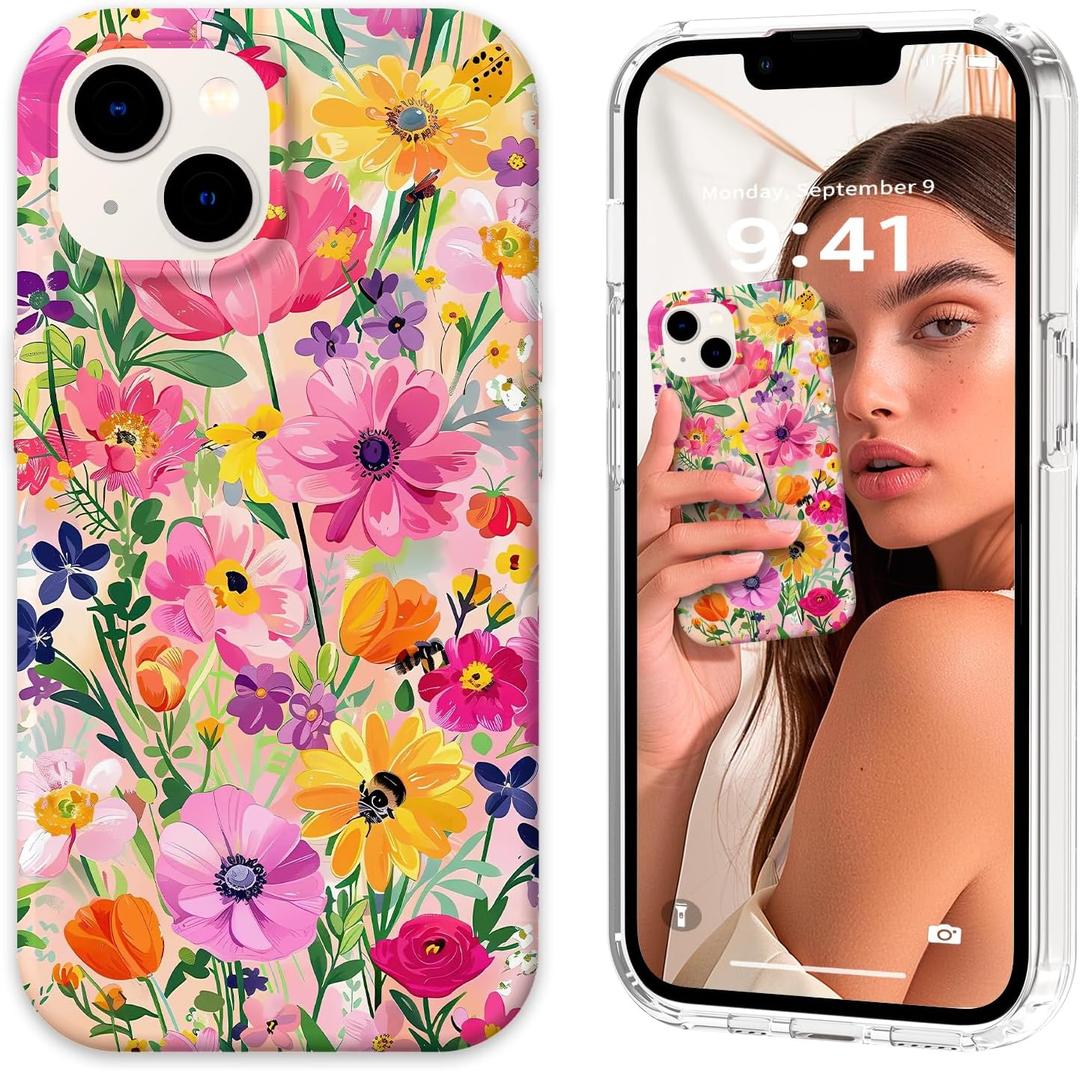 Magnetic for iPhone 13 Case Cute for Women, [Compatible with Magsafe][Drop Protection] Slim Colorful Flowers Oil Painting Printed Girly Floral Phone Case for iPhone 13