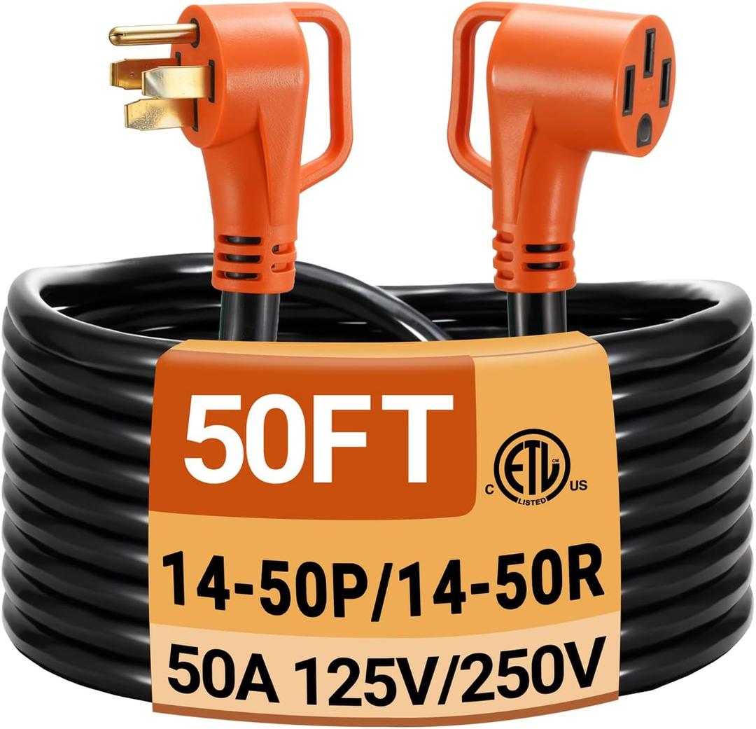 50 FT 50 Amp RV Extension Cord, Nema 14-50P to 14-50R, Flexible 4 Prong Heavy Duty RV Power Cord Waterproof Power Cord with Grip Handle & Organizer, 125/250V 6250/12500W STW