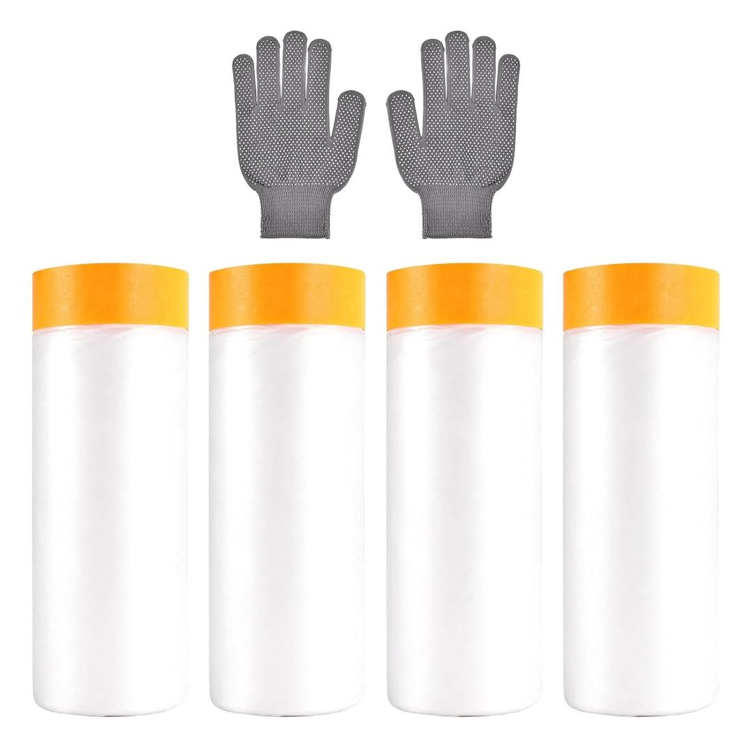 Pre-Taped Masking Film Painters Plastic with Tape 4 Rolls 5 x 65 Feet Paint Adhesive Protective Film Clear Drop Cloth for Painting Automotive Covering and Appliance Protection