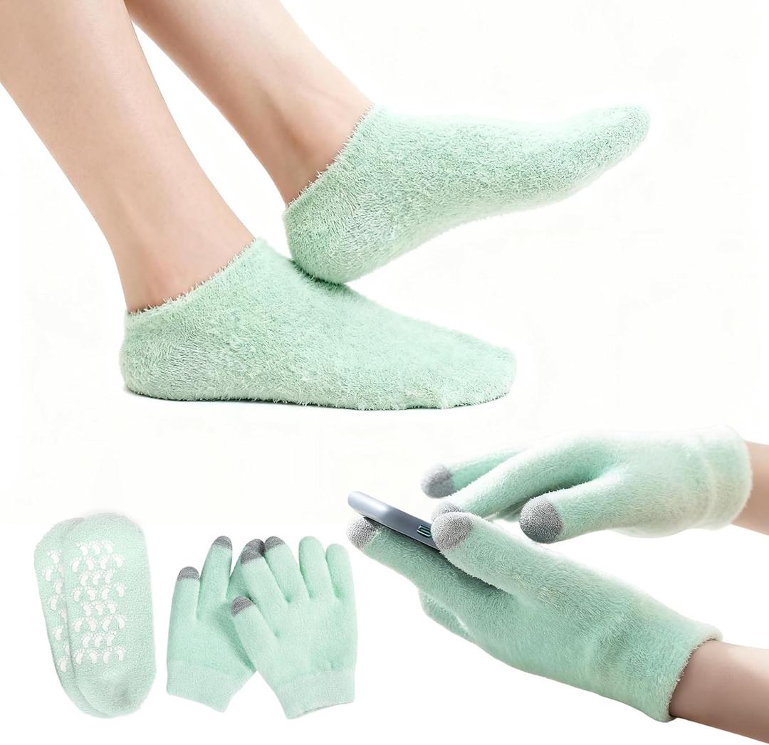 Touchscreen Moisturizing Gloves and Socks, Gel Spa Moisturizing Therapy Sock  Glove, Overnight Gloves for Dry Hands, Repair and Soften Aging, Hand and Feet Care for Chapped and Dry Skin (Green)