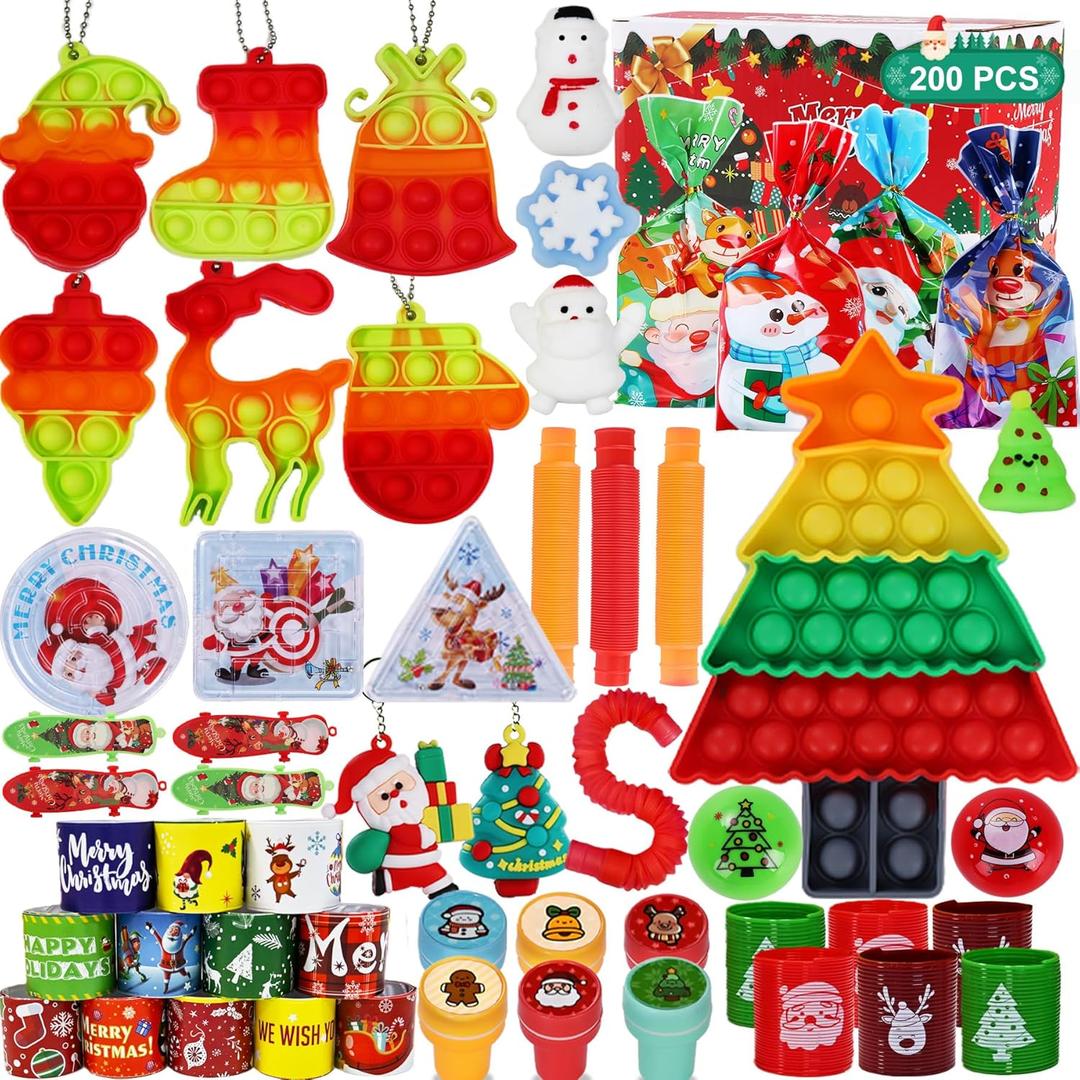 TOAPER 200Pcs Premium Christmas Party Favors Set, Bulk Goodie Bag Stuffers, Classroom Prizes, Christmas Favors Gifts for Boys, Girls