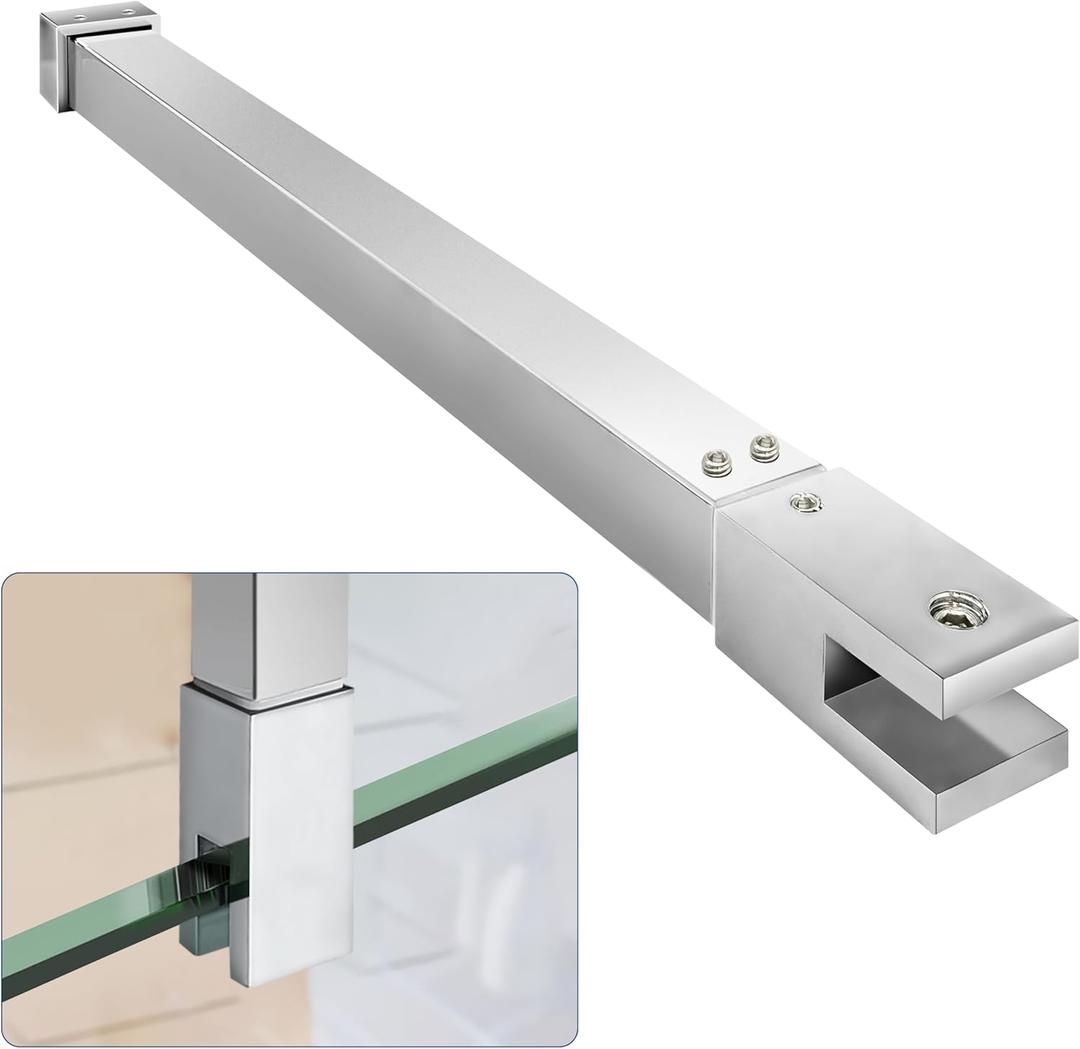 Shower Door Top Support Bar Rod, Length 17.7"-31.9"(451mm-811mm), to Fix 5/16"(8mm) to 3/8"(10mm) Thick Frameless Glass Panel, Polished Chrome