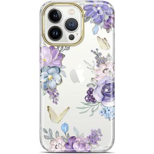Clear Case Compatible with iPhone 12 Pro iPhone 12 Glitter Plating Flower Design Protective Shockproof Slim Thin TPU Bumper Durable PC Back Cover Phone Case, Purple