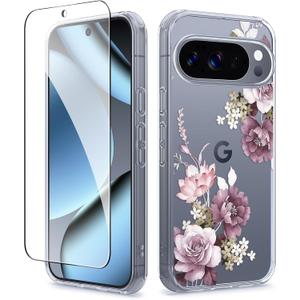 GVIEWIN for Google Pixel 10 Pro XL Case with Screen Protector, [Military Grade Drop Protection] Non Yellowing Clear Floral Slim Phone Cover for Women 2025 6.8" (Cherry Blossoms/Purple)