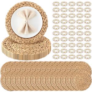 50 Set 13 Inch Round Woven Placemats with Pearl & Rhinestone Napkin Rings