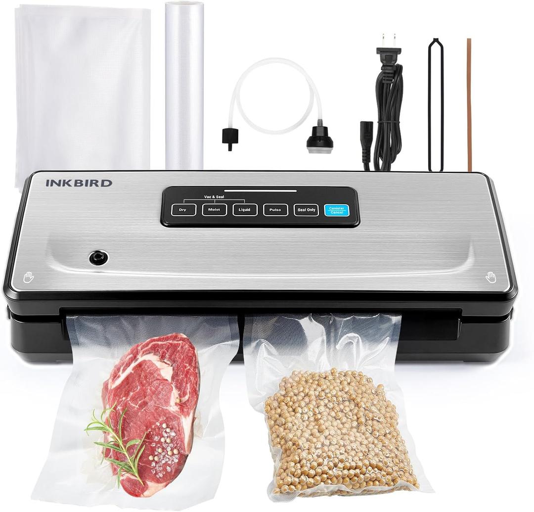 Food Vacuum Sealer Machine 10-In-1 with Bag Storage (Up to 20FT) and Cutter, INKBIRD Food Sealer Vacuum Sealer for Food with Moist/Dry/Canister 5 Food Modes, Starter Kits Bags x 5 and Bag Roll x 1, 85KPa (Silver)
