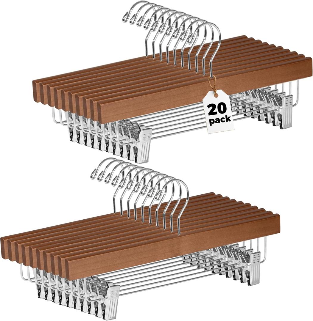 Hangers Wooden Pants Hangers - 20-Pack Swivel Hook Cloth Hanger Set - Lotus Wood Skirt, Pant, Shorts and Slack Hangers with Adjustable Clip (Walnut - Chrome Hook, 20)