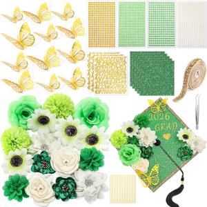 Wavwavw 43 PCS DIY Graduation Cap Decorations Kit, Grad Cap Decorations Included Faux Flowers 3D Butterfly Self Adhesive Rhinestones Stickers Alphabet Letter Stickers for 2026 Grad Party(Green), 11.817.871.18 Inches