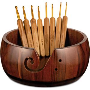 Wooden Yarn Bowl Holder, Craft Knitting Bowl with 8pcs Metal Crochet Hooks, 7.9''Large Yarn Holder Dispenser Yarn Storage Bowls, for Knitters & Crocheters (Brown 7.9 inch)