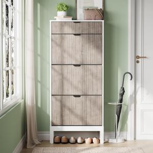 GarveeHome Shoe Cabinet with 3 Flip Doors & 1 Drawer, Entrance Wooden Shoe Rack with Iron Legs, Slim Shoe Storage Cabinet, Modern Fluted Shoe Organizer for Entryway Hallway, White+Grey